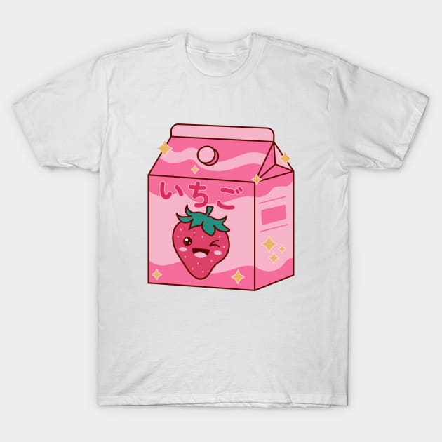 Strawberry Milk Box Cute Kawaii Smiley T-Shirt by Cuteness Klub